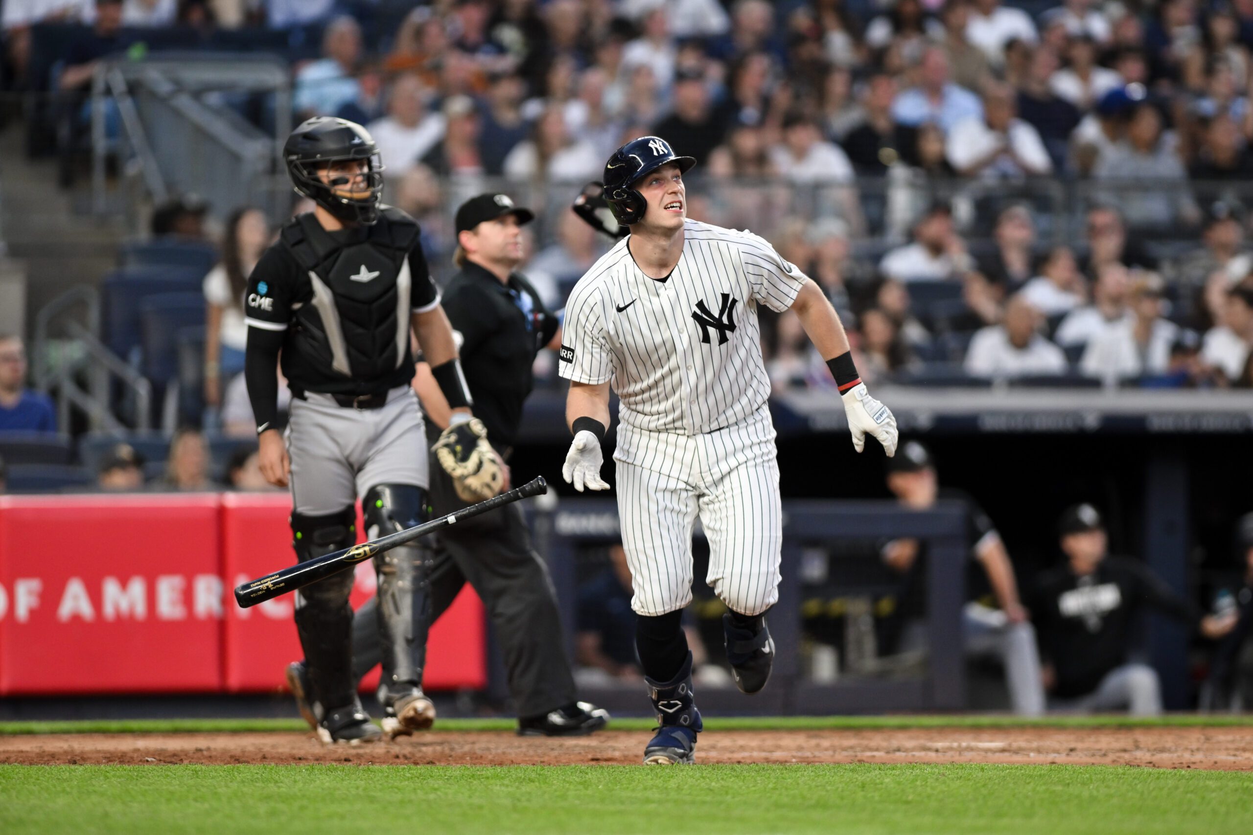 Jun 16, 2026; Bronx, New York, USA; New York Yankees first baseman Ben Rice (22) hits a two run home run against the Chicago White Sox during the fourth inning at Yankee Stadium. Mandatory Credit: John Jones-Imagn Images