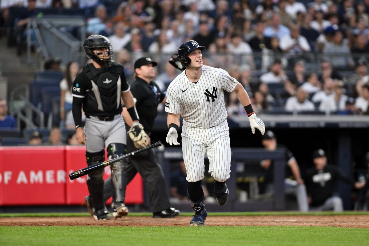 Jun 16, 2026; Bronx, New York, USA; New York Yankees first baseman Ben Rice (22) hits a two run home run against the Chicago White Sox during the fourth inning at Yankee Stadium. Mandatory Credit: John Jones-Imagn Images
