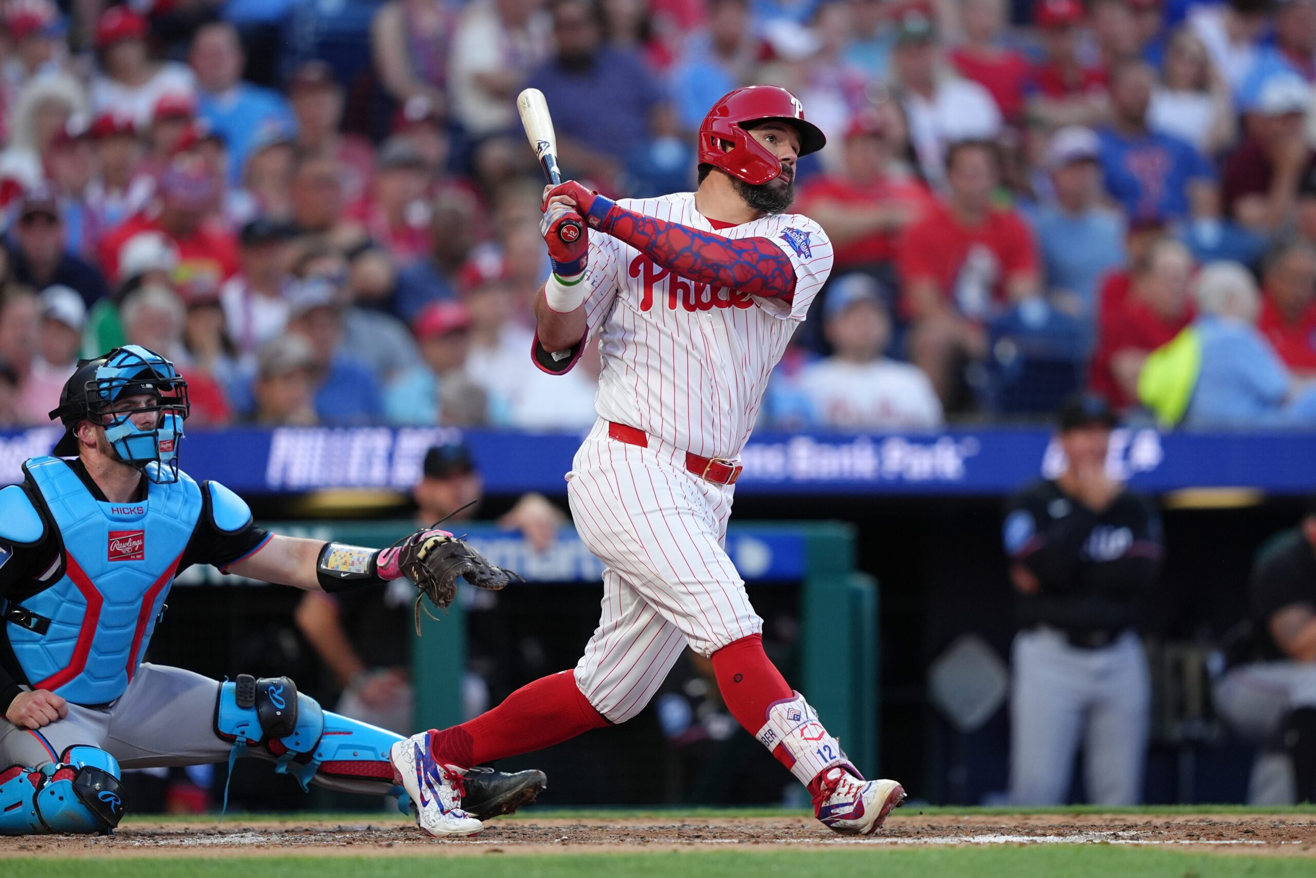 Jun 16, 2026; Philadelphia, Pennsylvania, USA; Philadelphia Phillies designated hitter Kyle Schwarber (12) hits a home run against the Miami Marlins in the fourth inning at Citizens Bank Park. Mandatory Credit: Kyle Ross-Imagn Images