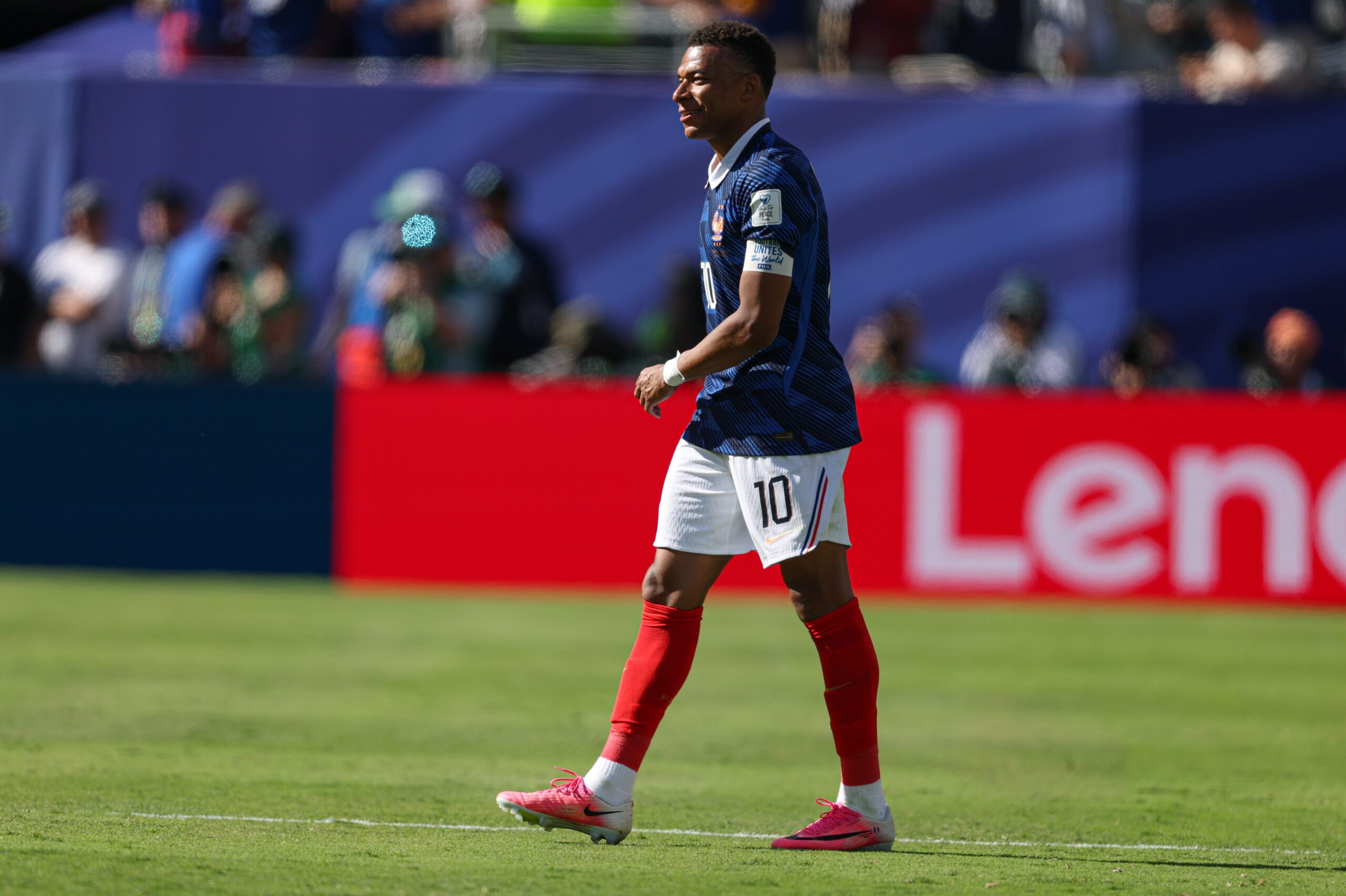 Jun 16, 2026; East Rutherford, New Jersey, USA; France forward Kylian Mbappe (10) reacts after a Group I match of the 2026 FIFA World Cup against Senegal at New York New Jersey Stadium. Mandatory Credit: Vincent Carchietta-Imagn Images