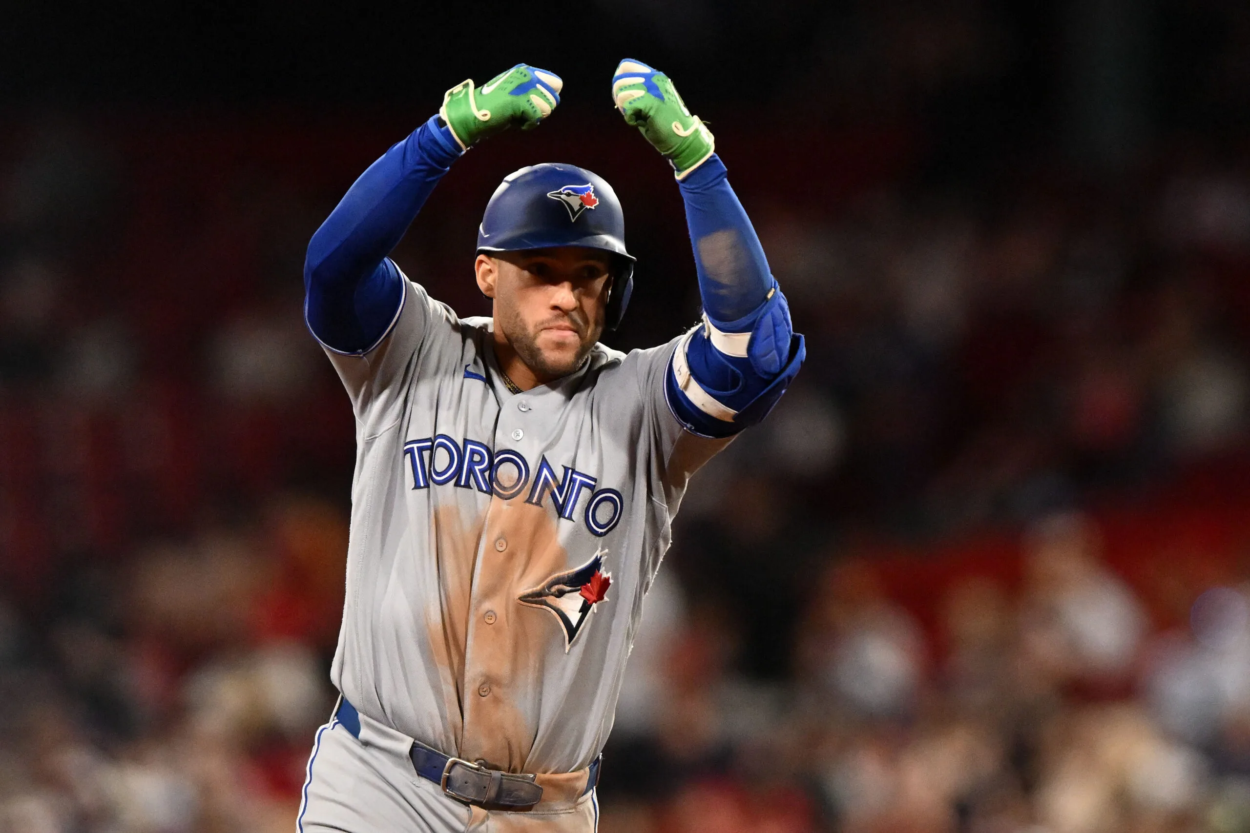 Jun 16, 2026; Boston, Massachusetts, USA; Toronto Blue Jays designated hitter George Springer (4) reacts after hitting a home run against the Boston Red Sox during the ninth inning at Fenway Park. Mandatory Credit: Brian Fluharty-Imagn Images