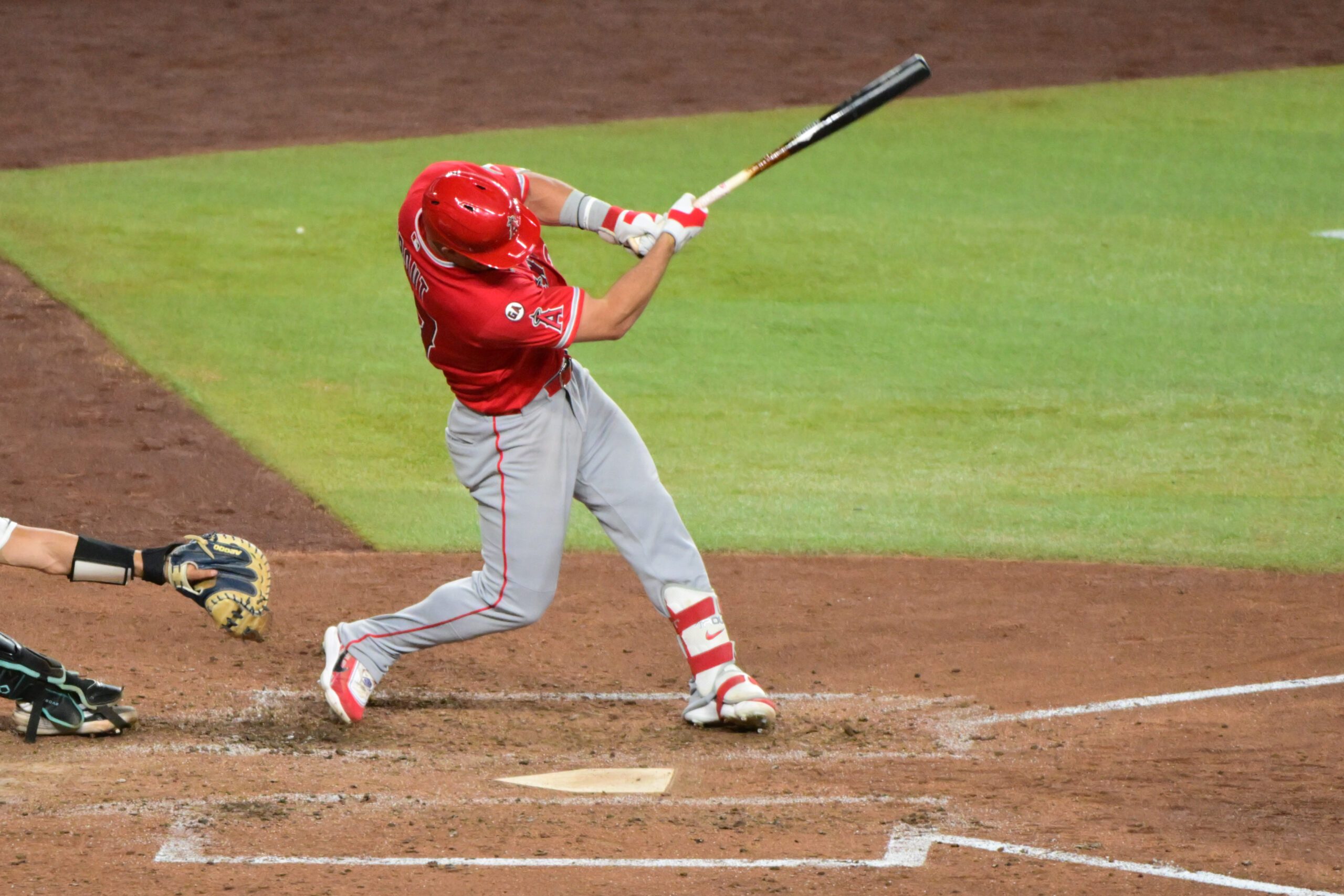 Jun 16, 2026; Phoenix, Arizona, USA;  Los Angeles Angels center fielder Mike Trout (27) hit an RBI double in the sixth inning against the Arizona Diamondbacks at Chase Field. Mandatory Credit: Matt Kartozian-Imagn Images