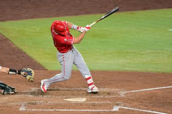 Jun 16, 2026; Phoenix, Arizona, USA;  Los Angeles Angels center fielder Mike Trout (27) hit an RBI double in the sixth inning against the Arizona Diamondbacks at Chase Field. Mandatory Credit: Matt Kartozian-Imagn Images