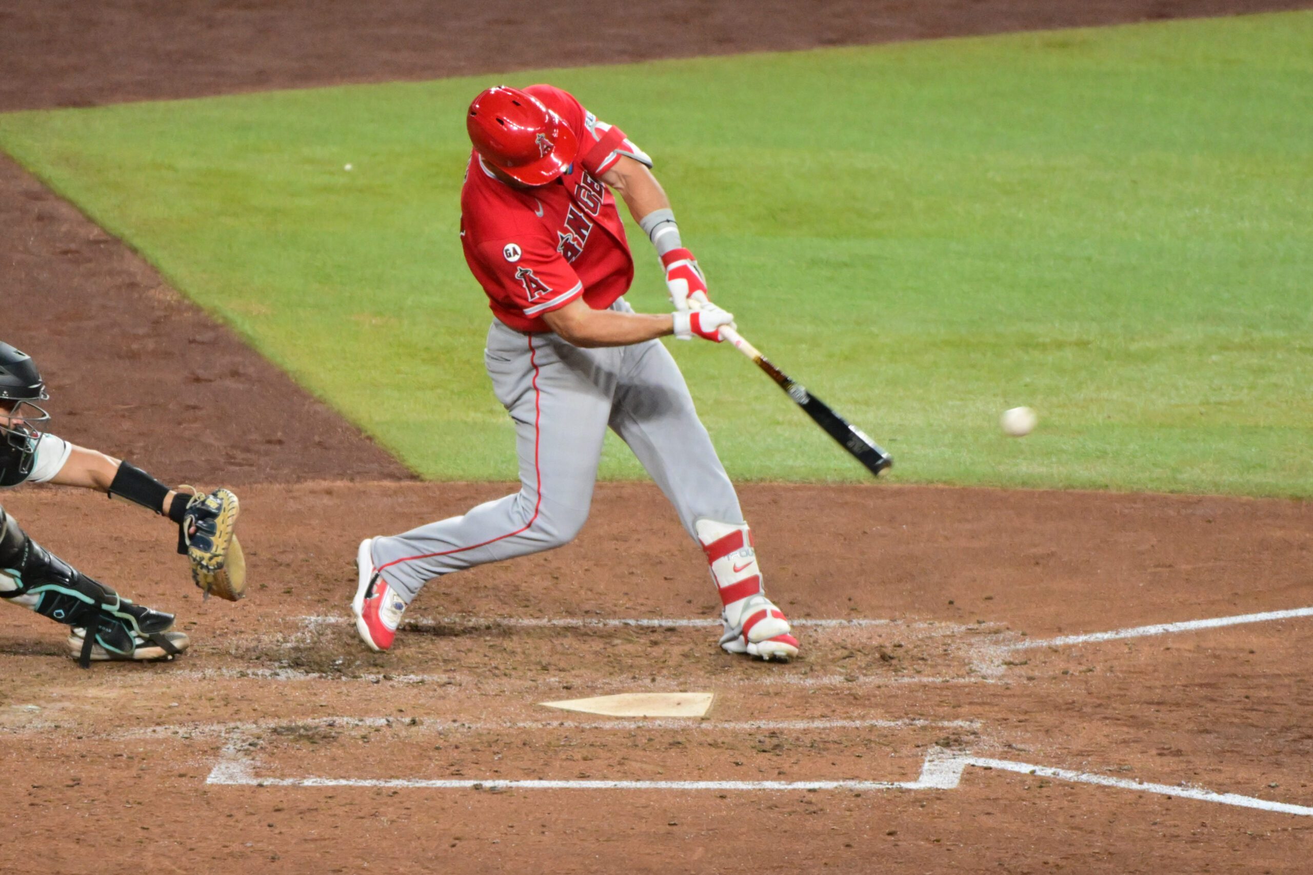 Jun 16, 2026; Phoenix, Arizona, USA;  Los Angeles Angels center fielder Mike Trout (27) hit an RBI double in the sixth inning against the Arizona Diamondbacks at Chase Field. Mandatory Credit: Matt Kartozian-Imagn Images