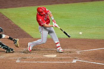 Jun 16, 2026; Phoenix, Arizona, USA;  Los Angeles Angels center fielder Mike Trout (27) hit an RBI double in the sixth inning against the Arizona Diamondbacks at Chase Field. Mandatory Credit: Matt Kartozian-Imagn Images