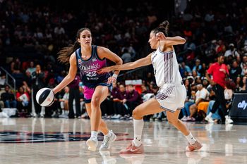 Jun 12, 2026; Washington, District of Columbia, USA; Washington Mystics guard Sonia Citron (22) dribbles the ball while Toronto Tempo defends during the second half at CareFirst Arena. Mandatory Credit: Emily Faith Morgan-Imagn Images