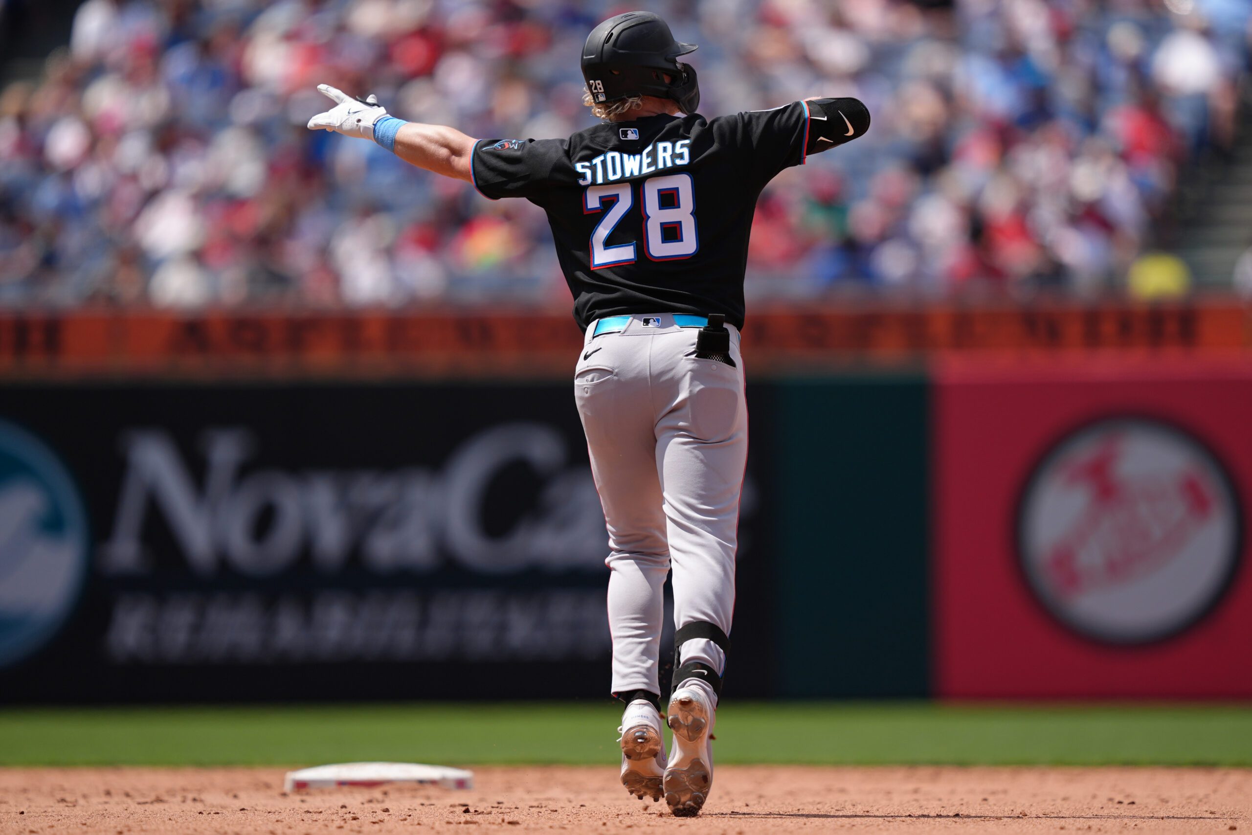 Jun 17, 2026; Philadelphia, Pennsylvania, USA; Miami Marlins outfielder Kyle Stowers (28) rounds the bases after hitting a home run against the Philadelphia Phillies in the sixth inning at Citizens Bank Park. Mandatory Credit: Kyle Ross-Imagn Images