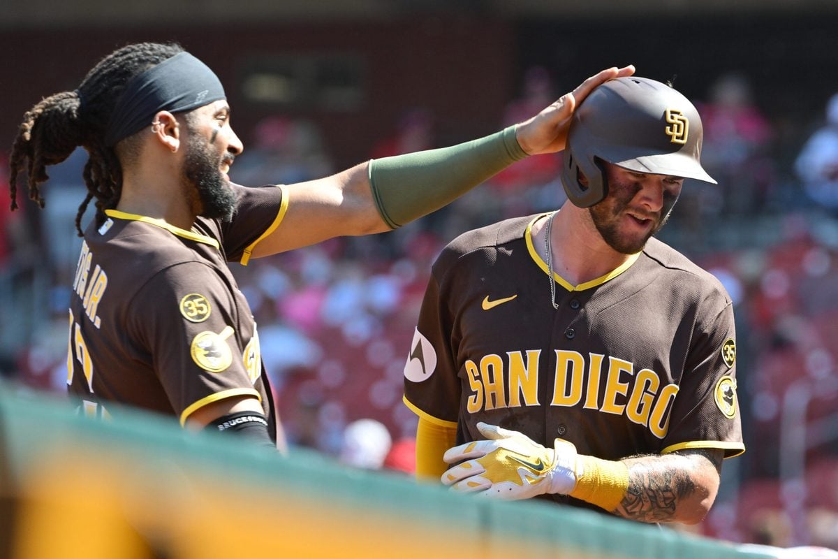Jun 17, 2026; St. Louis, Missouri, USA; San Diego Padres right fielder Fernando Tatis Jr. (23, left) congratulates San Diego Padres center fielder Jackson Merrill (3) at the dugout after Merrill hit a ninth inning home run against the St. Louis Cardinals at Busch Stadium. Mandatory Credit: Tim Vizer-Imagn Images