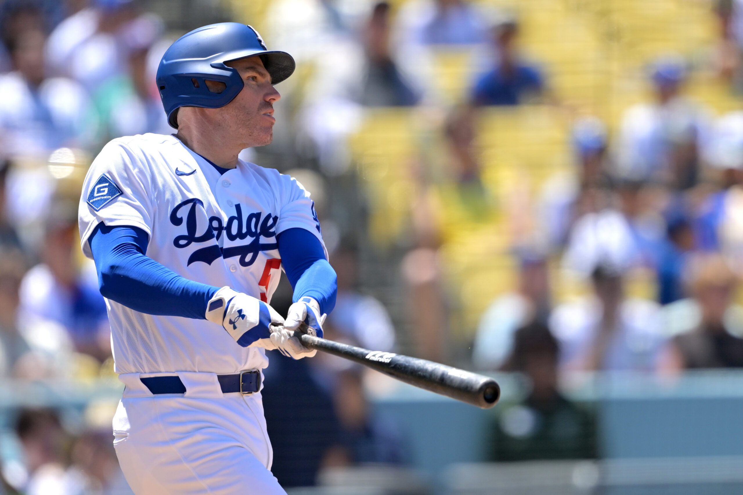 Jun 17, 2026; Los Angeles, California, USA;  Los Angeles Dodgers first baseman Freddie Freeman (5) hits a two-run home run during the sixth inning against the Tampa Bay Rays at Dodger Stadium. Mandatory Credit: Jayne Kamin-Oncea-Imagn Images