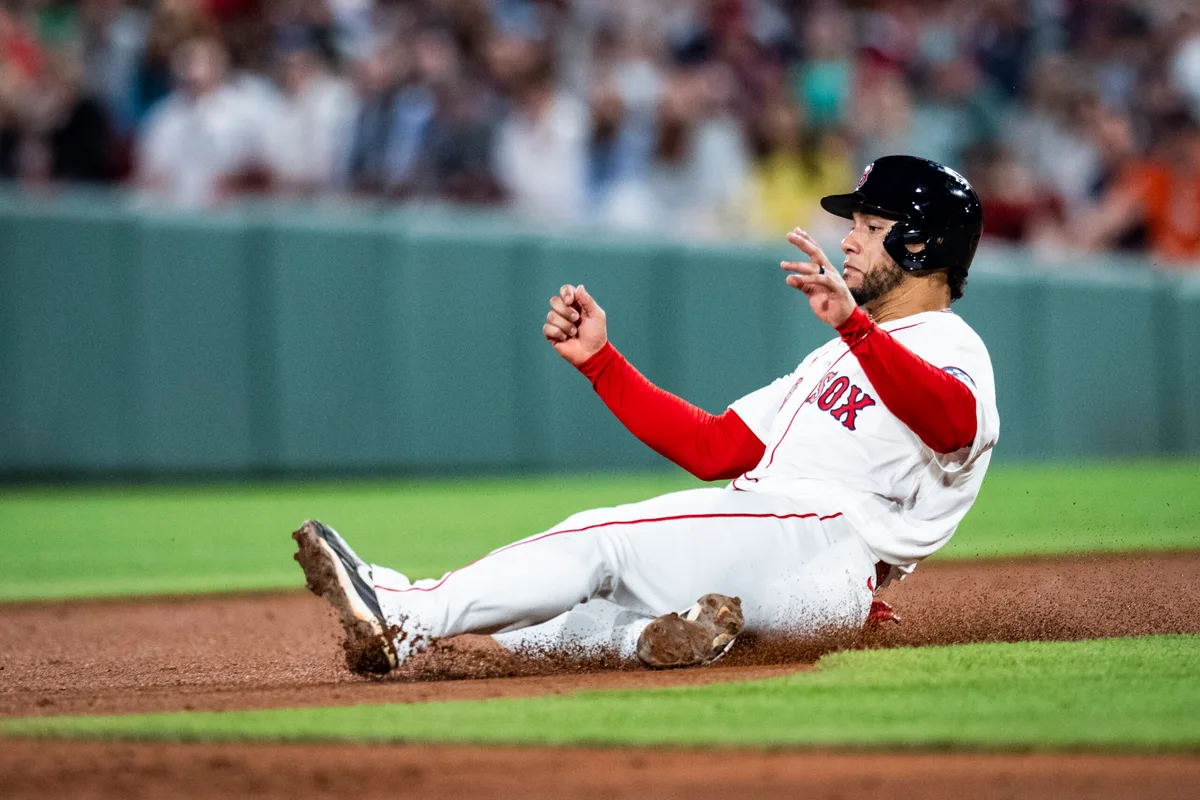 Jun 17, 2026; Boston, Massachusetts, USA; Boston Red Sox first baseman Willson Contreras (40) slides into a force out on second base in the seventh inning against the Toronto Blue Jays at Fenway Park. Mandatory Credit: Jaiden Tripi-Imagn Images