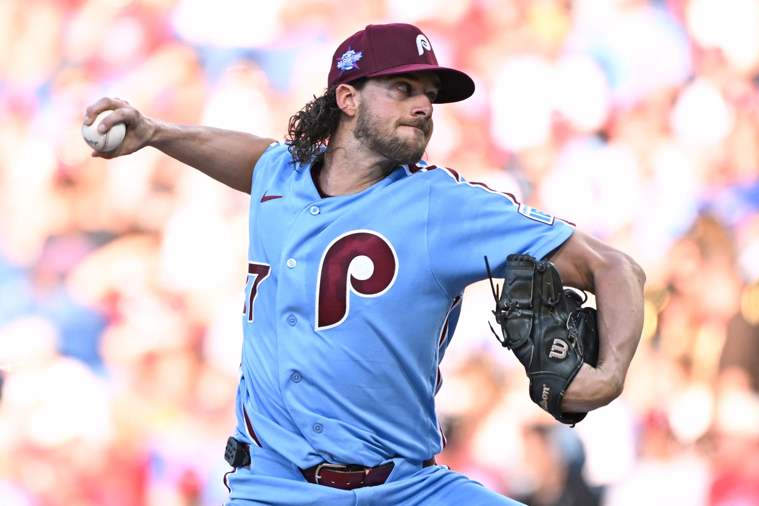Jun 18, 2026; Philadelphia, Pennsylvania, USA; Philadelphia Phillies pitcher Aaron Nola (27) throws a pitch during the second inning against the New York Mets at Citizens Bank Park. Mandatory Credit: Eric Hartline-Imagn Images