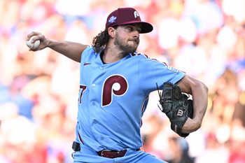 Jun 18, 2026; Philadelphia, Pennsylvania, USA; Philadelphia Phillies pitcher Aaron Nola (27) throws a pitch during the second inning against the New York Mets at Citizens Bank Park. Mandatory Credit: Eric Hartline-Imagn Images