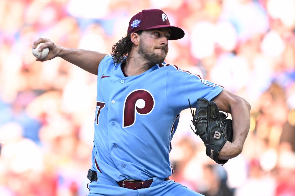Jun 18, 2026; Philadelphia, Pennsylvania, USA; Philadelphia Phillies pitcher Aaron Nola (27) throws a pitch during the second inning against the New York Mets at Citizens Bank Park. Mandatory Credit: Eric Hartline-Imagn Images