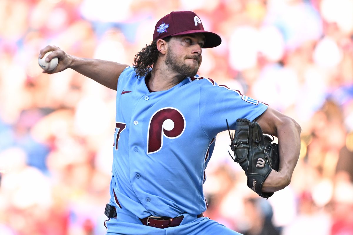 Jun 18, 2026; Philadelphia, Pennsylvania, USA; Philadelphia Phillies pitcher Aaron Nola (27) throws a pitch during the second inning against the New York Mets at Citizens Bank Park. Mandatory Credit: Eric Hartline-Imagn Images