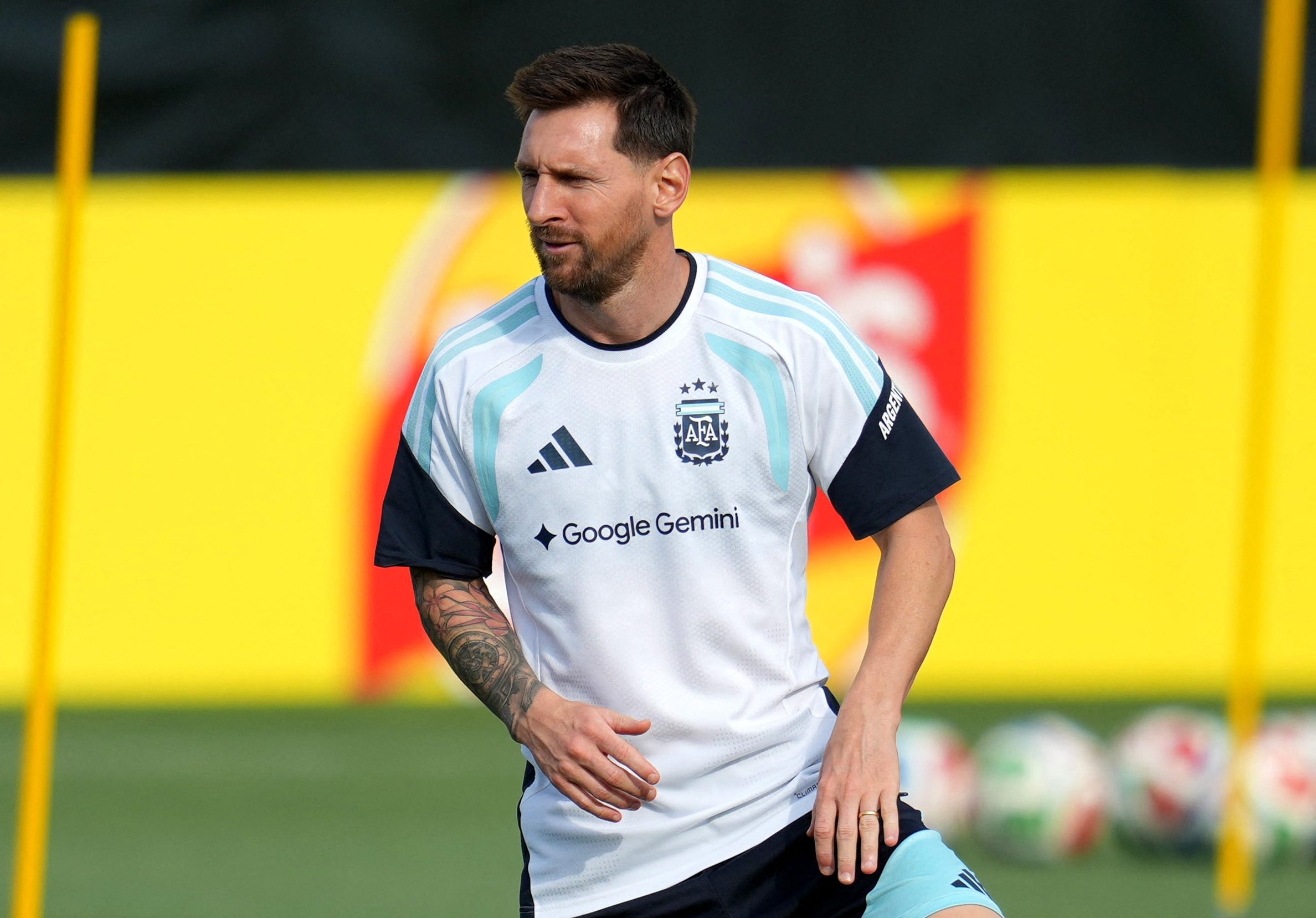June 18, 2026; Kansas City, Kansas, U.S.; Argentina's Lionel Messi during training.  Mandatory Credit: Jay Biggerstaff-Imagn Images