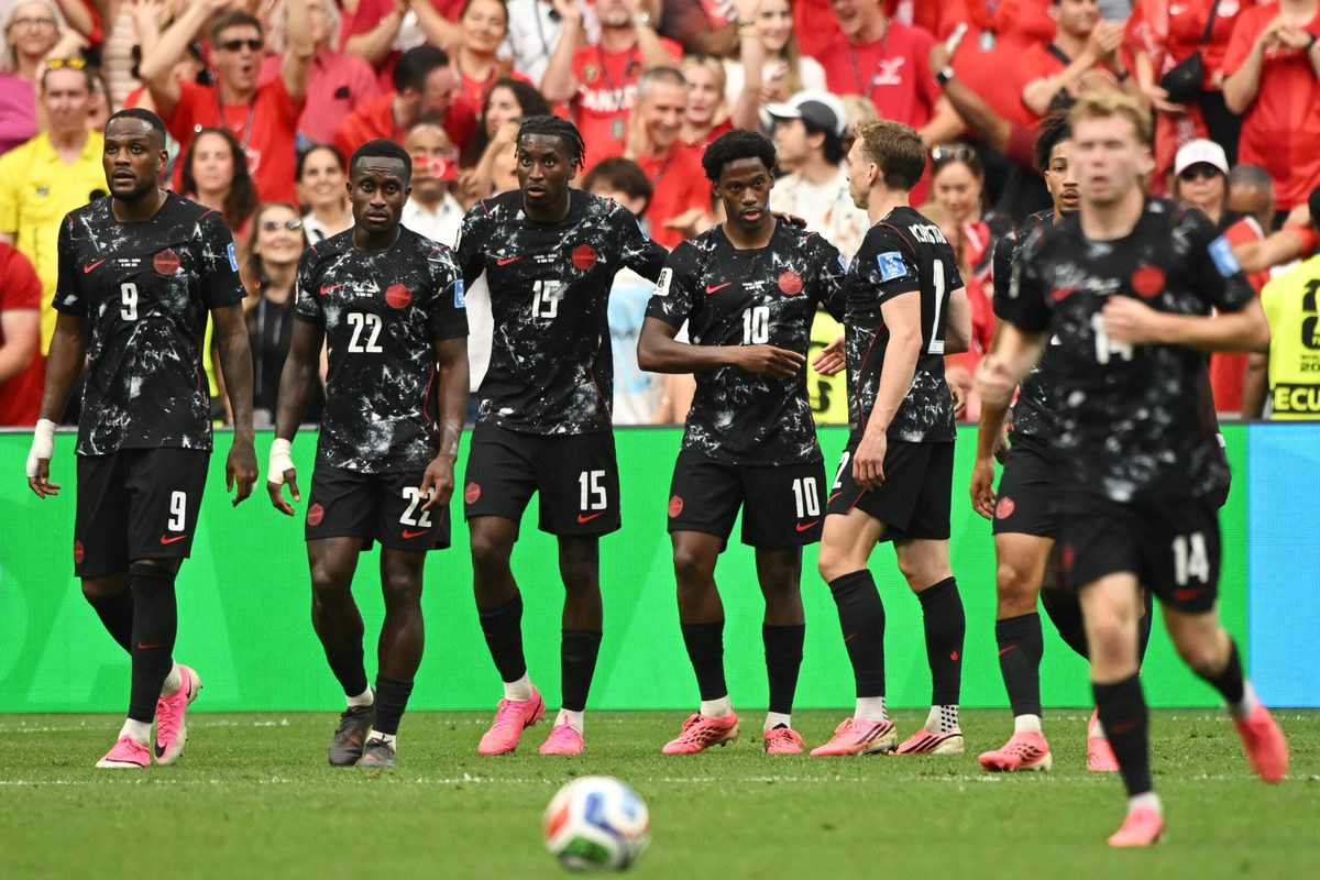 June 18, 2026; Vancouver, Canada; Canada's Jonathan David celebrates scoring their sixth goal with teammates to complete a hat-trick.  Mandatory Credit: Anne-Marie Sorvin-Imagn Images