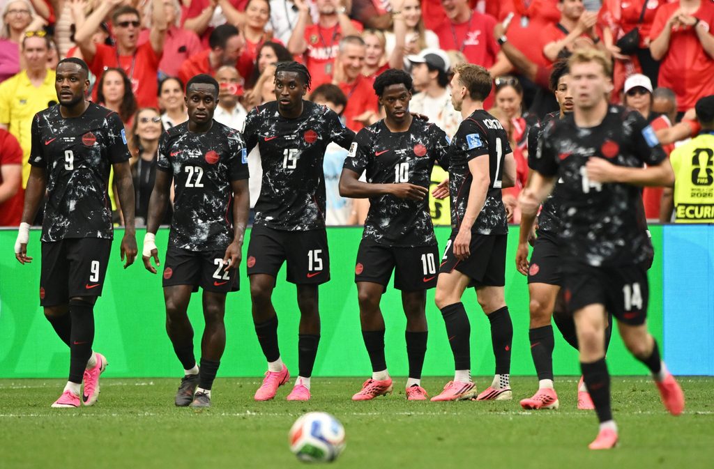 June 18, 2026; Vancouver, Canada; Canada's Jonathan David celebrates scoring their sixth goal with teammates to complete a hat-trick. Mandatory Credit: Anne-Marie Sorvin-Imagn Images
