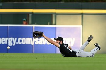 Jun 19, 2026; Detroit, Michigan, USA;  Chicago White Sox center fielder Tristan Peters (29) makes an unsuccessful diving attempt to catch a shallow fly ball off the bat of Detroit Tigers designated hitter Kerry Carpenter (not pictured)  in the sixth inning at Comerica Park. Mandatory Credit: Lon Horwedel-Imagn Images