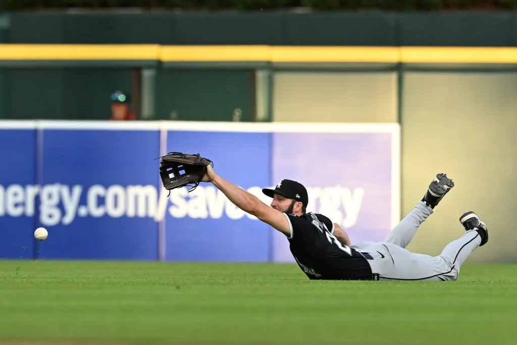 Jun 19, 2026; Detroit, Michigan, USA; Chicago White Sox center fielder Tristan Peters (29) makes an unsuccessful diving attempt to catch a shallow fly ball off the bat of Detroit Tigers designated hitter Kerry Carpenter (not pictured) in the sixth inning at Comerica Park. Mandatory Credit: Lon Horwedel-Imagn Images