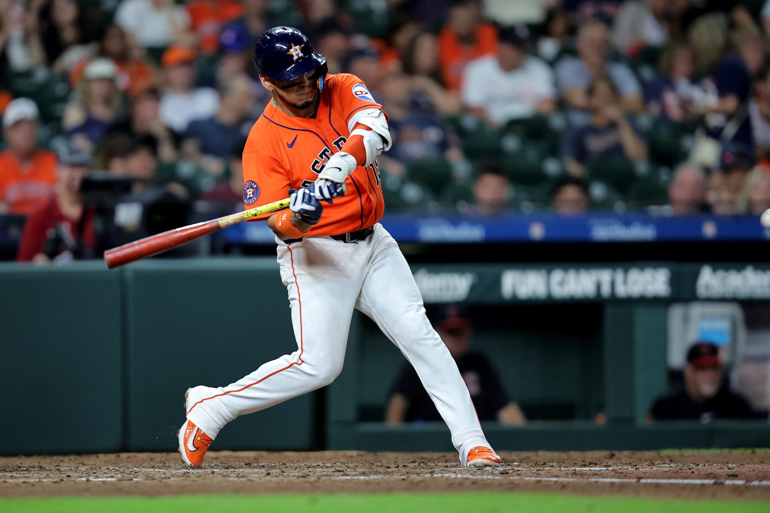Jun 19, 2026; Houston, Texas, USA; Houston Astros third baseman Isaac Paredes (15) hits a single against the Cleveland Guardians during the sixth inning at Daikin Park. Mandatory Credit: Erik Williams-Imagn Images