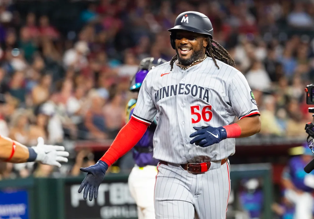 Jun 19, 2026; Phoenix, Arizona, USA; Minnesota Twins designated hitter Josh Bell celebrates after hitting a solo home run in the eighth inning against the Arizona Diamondbacks at Chase Field. Mandatory Credit: Mark J. Rebilas-Imagn Images