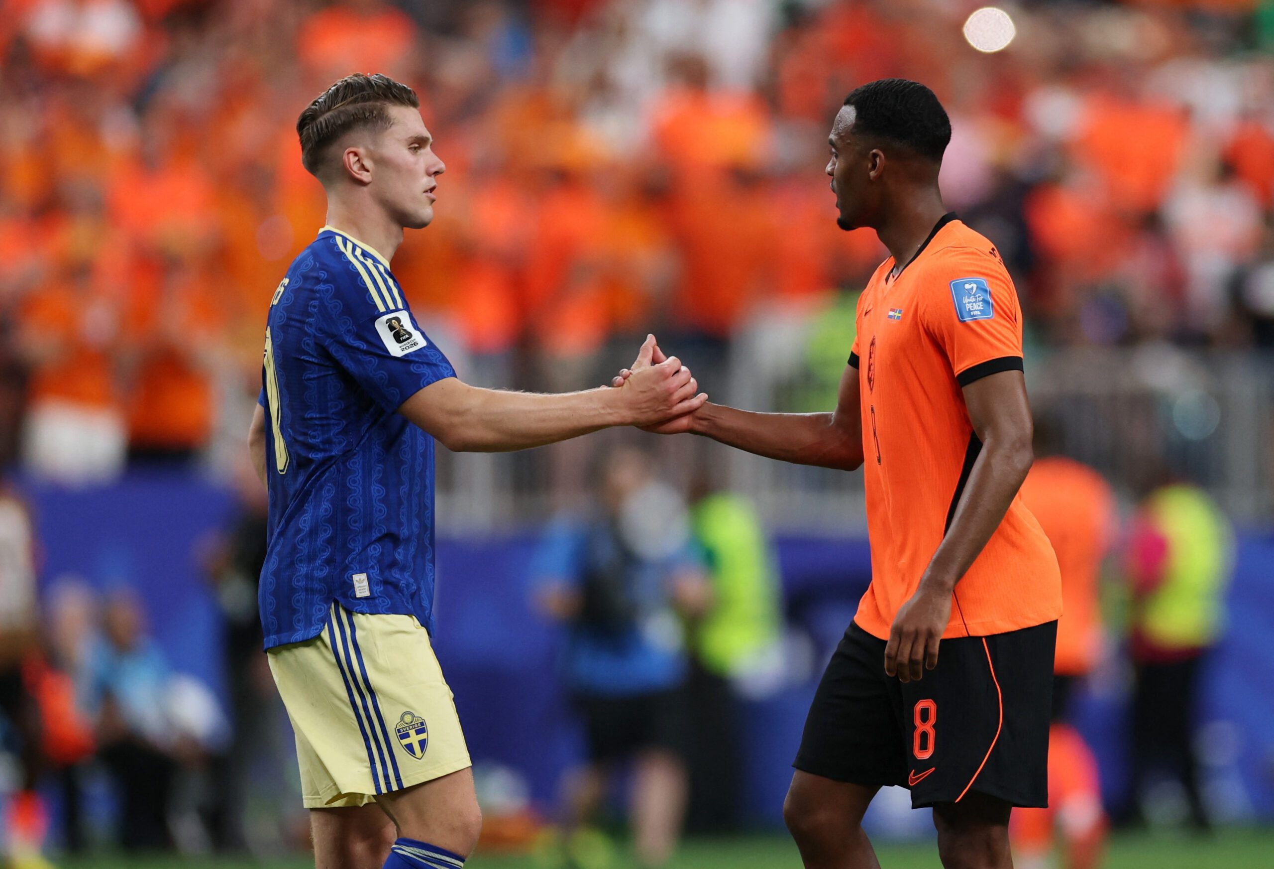 June 20, 2026; Houston, Texas, U.S.; Sweden's Viktor Gyokeres shakes hands with Netherlands' Ryan Gravenberch after the match.  Mandatory Credit: Troy Taormina-Imagn Images
