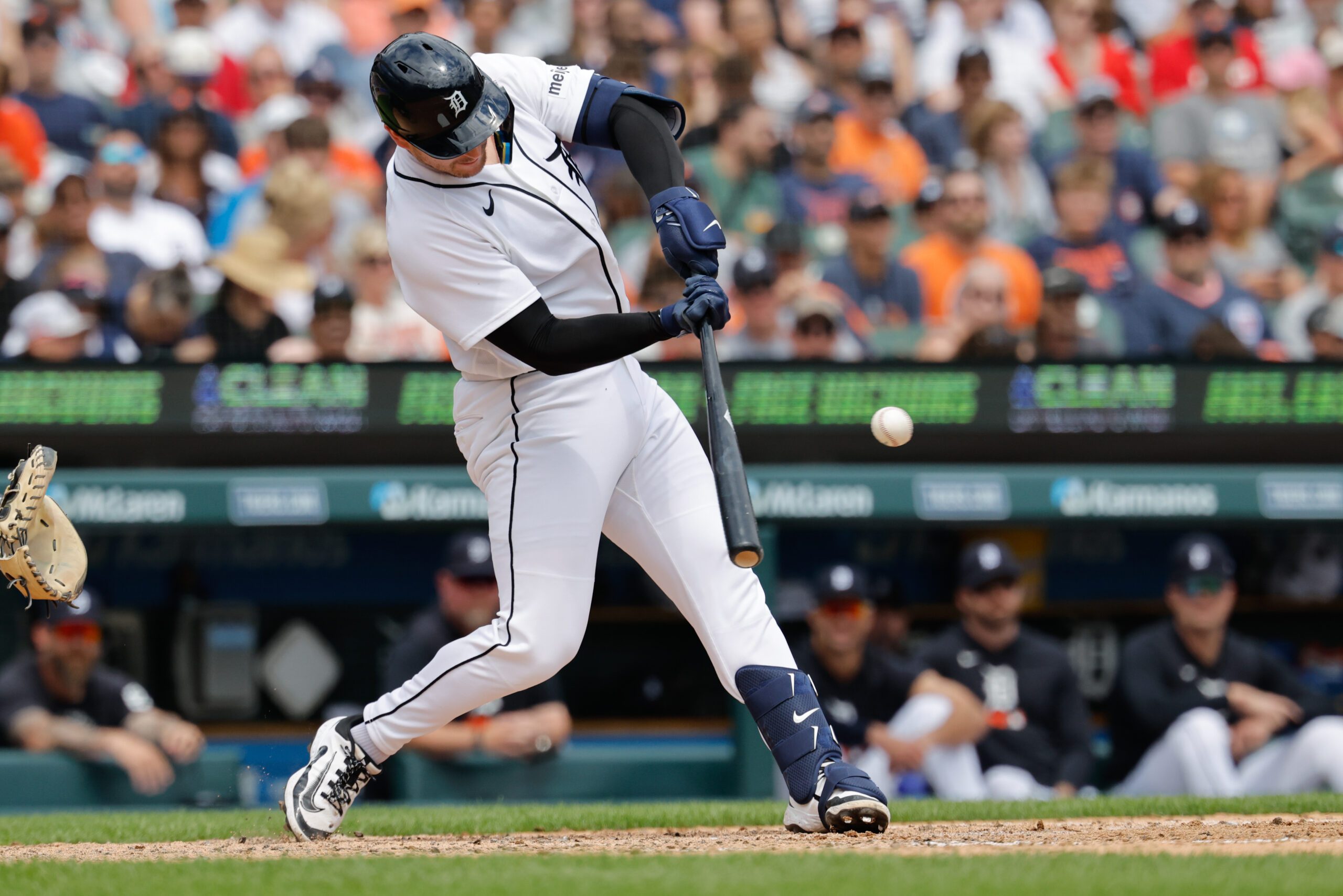 Jun 20, 2026; Detroit, Michigan, USA; Detroit Tigers catcher Dillon Dingler (13) hits an RBI single in the fifth inning against the Chicago White Sox at Comerica Park. Mandatory Credit: Rick Osentoski-Imagn Images