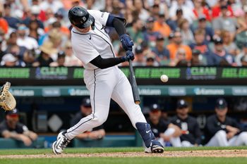Jun 20, 2026; Detroit, Michigan, USA; Detroit Tigers catcher Dillon Dingler (13) hits an RBI single in the fifth inning against the Chicago White Sox at Comerica Park. Mandatory Credit: Rick Osentoski-Imagn Images