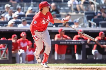 Jun 20, 2026; Bronx, New York, USA; Cincinnati Reds third baseman Sal Stewart (27) hits a three-run double in the eighth inning against the New York Yankees at Yankee Stadium. Mandatory Credit: Wendell Cruz-Imagn Images