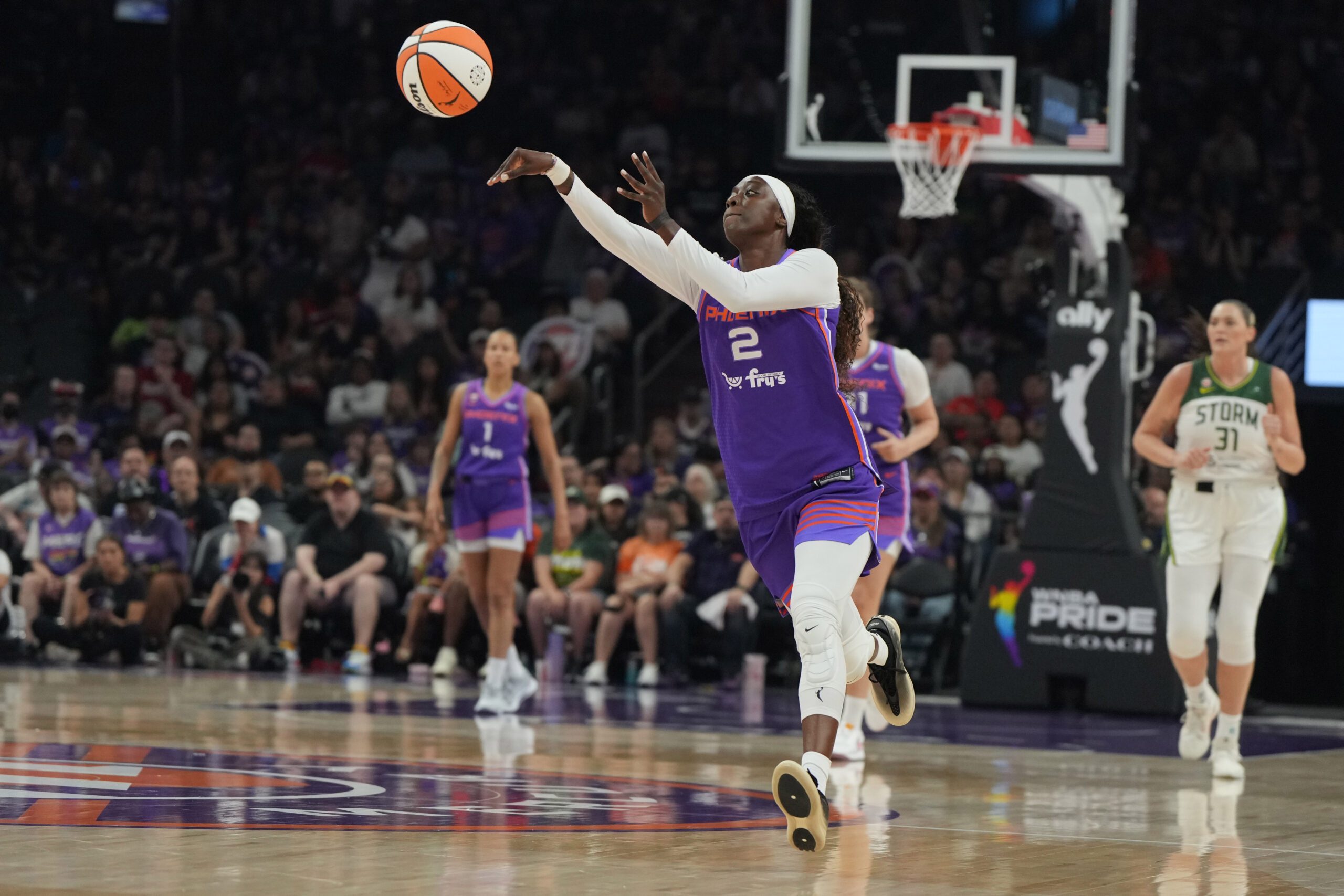 Jun 20, 2026; Phoenix, Arizona, USA; Phoenix Mercury guard Kahleah Copper (2) makes the pass against the Seattle Storm in the first half at Mortgage Matchup Center. Mandatory Credit: Rick Scuteri-Imagn Images
