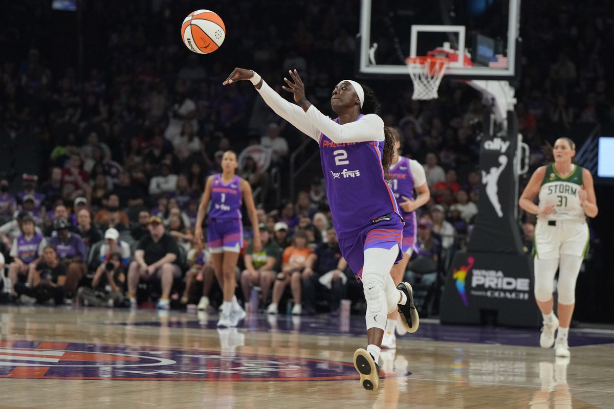 Jun 20, 2026; Phoenix, Arizona, USA; Phoenix Mercury guard Kahleah Copper (2) makes the pass against the Seattle Storm in the first half at Mortgage Matchup Center. Mandatory Credit: Rick Scuteri-Imagn Images