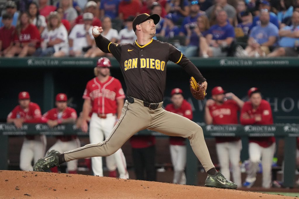 Jun 20, 2026; Arlington, Texas, USA; San Diego Padres pitcher Walker Buehler (10) throws to the plate against the Texas Rangers during the second inning at Globe Life Field. Mandatory Credit: Raymond Carlin III-Imagn Images