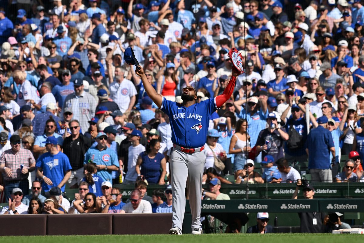 Jun 20, 2026; Chicago, Illinois, USA; Toronto Blue Jays first baseman Vladimir Guerrero Jr. (27) celebrates after defeating the Chicago Cubs at Wrigley Field. Mandatory Credit: Patrick Gorski-Imagn Images