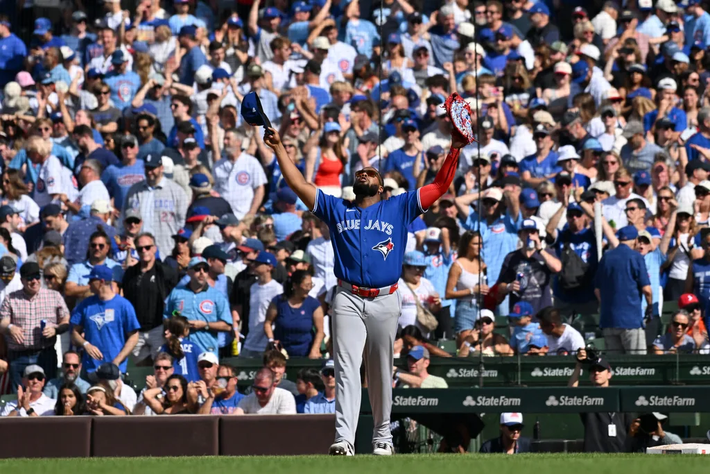 Jun 20, 2026; Chicago, Illinois, USA; Toronto Blue Jays first baseman Vladimir Guerrero Jr. (27) celebrates after defeating the Chicago Cubs at Wrigley Field. Mandatory Credit: Patrick Gorski-Imagn Images