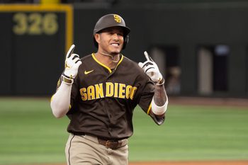 Jun 20, 2026; Arlington, Texas, USA;  San Diego Padres third baseman Manny Machado (13) circles the bases after hitting a three-run home run against the Texas Rangers during the tenth inning at Globe Life Field. Mandatory Credit: Raymond Carlin III-Imagn Images