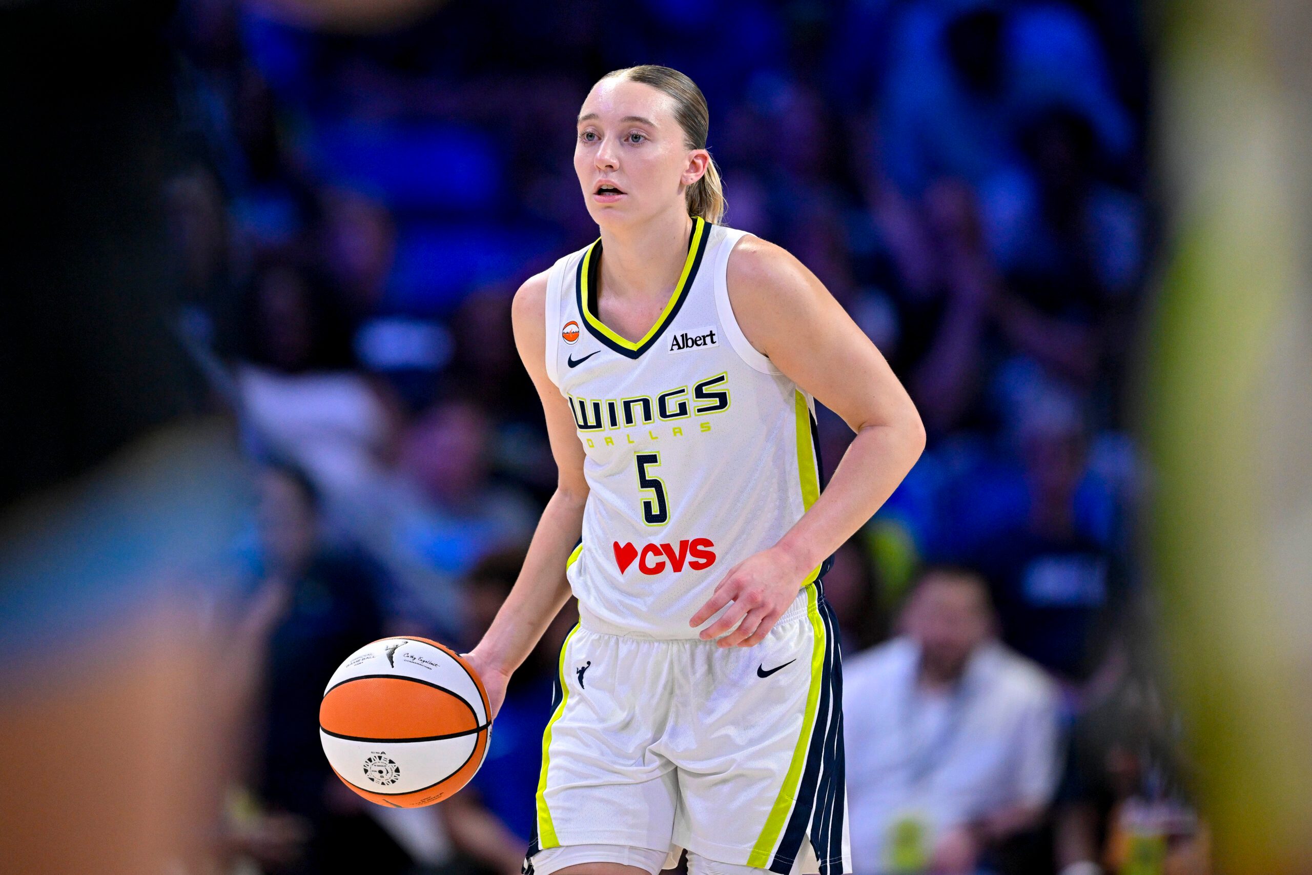 Jun 20, 2026; Arlington, Texas, USA; Dallas Wings guard Paige Bueckers (5) brings the ball up court against the Chicago Sky during the first half at College Park Center. Mandatory Credit: Jerome Miron-Imagn Images