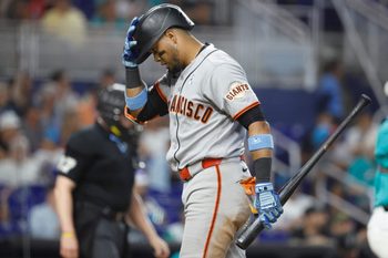 Jun 21, 2026; Miami, Florida, USA;  San Francisco Giants second baseman Luis Arraez (1) reacts after lining out against the Miami Marlins during the eighth inning at loanDepot Park. Mandatory Credit: Rhona Wise-Imagn Images