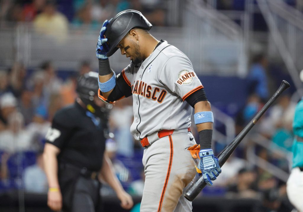 Jun 21, 2026; Miami, Florida, USA; San Francisco Giants second baseman Luis Arraez (1) reacts after lining out against the Miami Marlins during the eighth inning at loanDepot Park. Mandatory Credit: Rhona Wise-Imagn Images