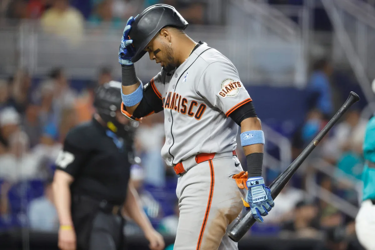Jun 21, 2026; Miami, Florida, USA; San Francisco Giants second baseman Luis Arraez (1) reacts after lining out against the Miami Marlins during the eighth inning at loanDepot Park. Mandatory Credit: Rhona Wise-Imagn Images