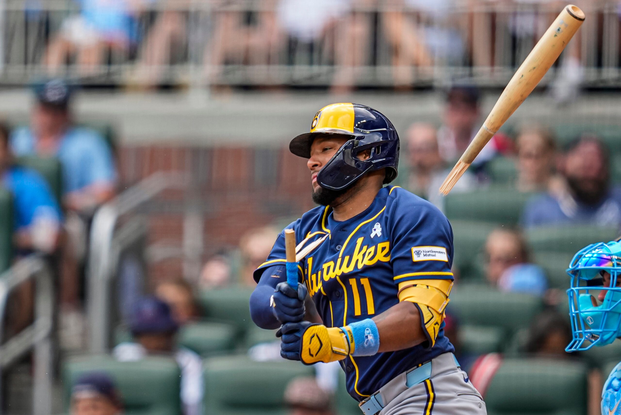 Jun 21, 2026; Cumberland, Georgia, USA; Milwaukee Brewers left fielder Jackson Chourio (11) breaks his bat while grounding out against the Atlanta Braves during the eighth inning at Truist Park. Mandatory Credit: Dale Zanine-Imagn Images