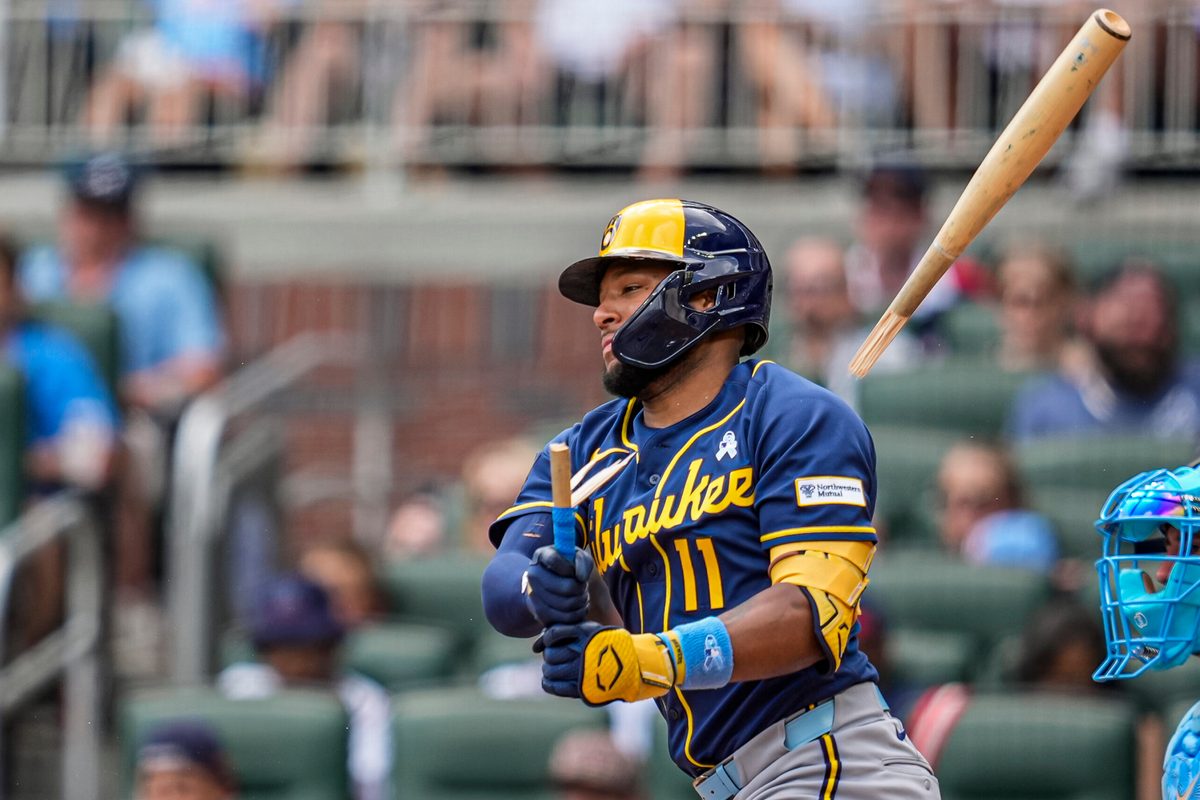 Jun 21, 2026; Cumberland, Georgia, USA; Milwaukee Brewers left fielder Jackson Chourio (11) breaks his bat while grounding out against the Atlanta Braves during the eighth inning at Truist Park. Mandatory Credit: Dale Zanine-Imagn Images