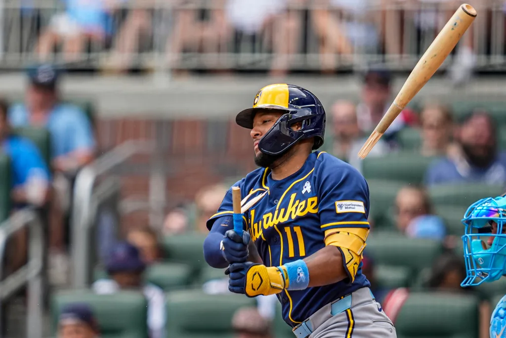 Jun 21, 2026; Cumberland, Georgia, USA; Milwaukee Brewers left fielder Jackson Chourio (11) breaks his bat while grounding out against the Atlanta Braves during the eighth inning at Truist Park. Mandatory Credit: Dale Zanine-Imagn Images