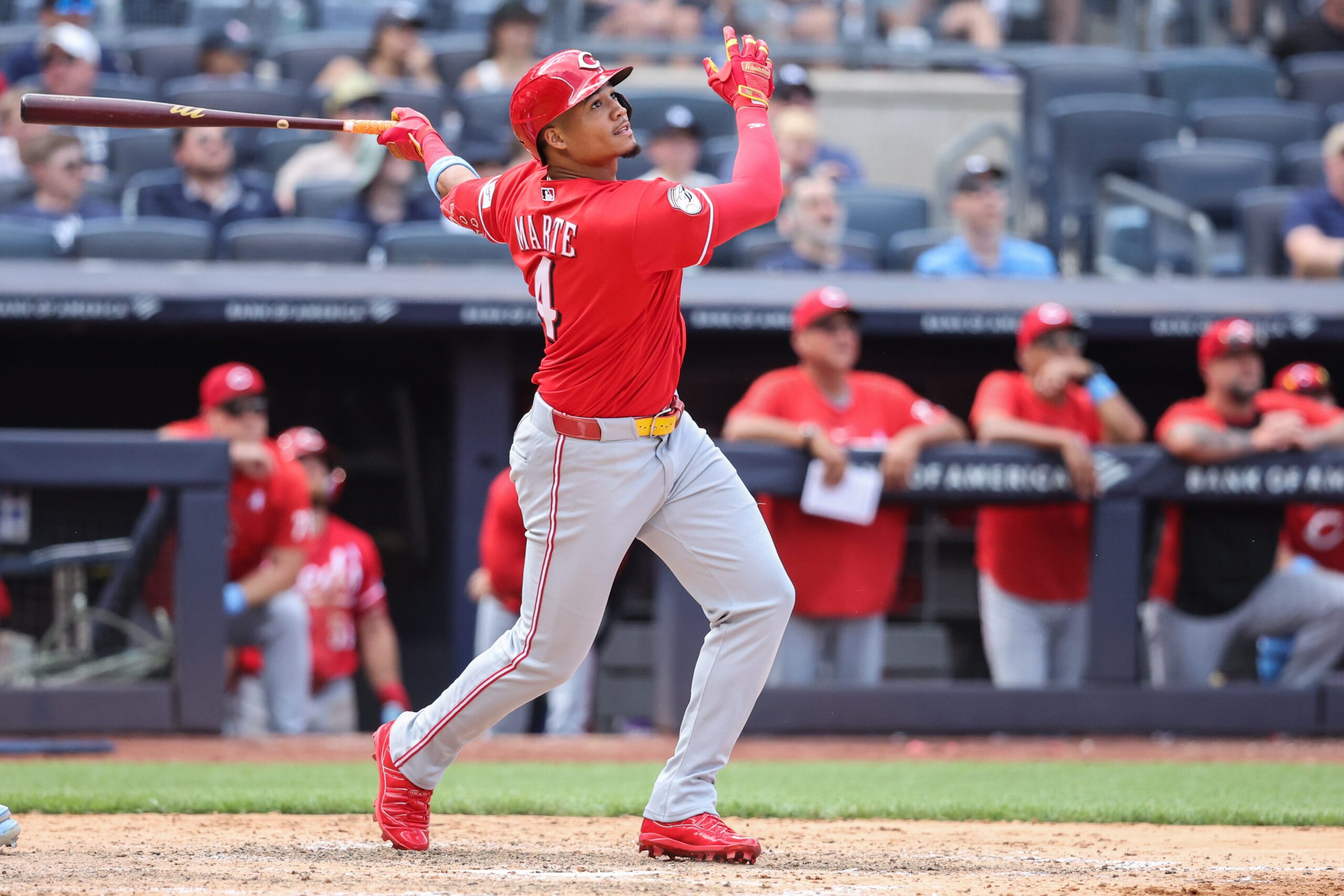 Jun 21, 2026; Bronx, New York, USA;  Cincinnati Reds right fielder Noelvi Marte (4) hits an RBI double in the ninth inning against the New York Yankees at Yankee Stadium. Mandatory Credit: Wendell Cruz-Imagn Images