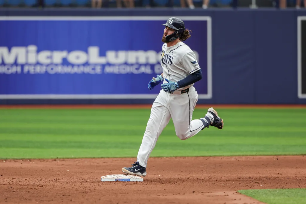 Jun 21, 2026; St. Petersburg, Florida, USA; Tampa Bay Rays right fielder Ryan Vilade (26) rounds second after a home run during the sixth inning against the Washington Nationals at Tropicana Field. Mandatory Credit: Mike Watters-Imagn Images