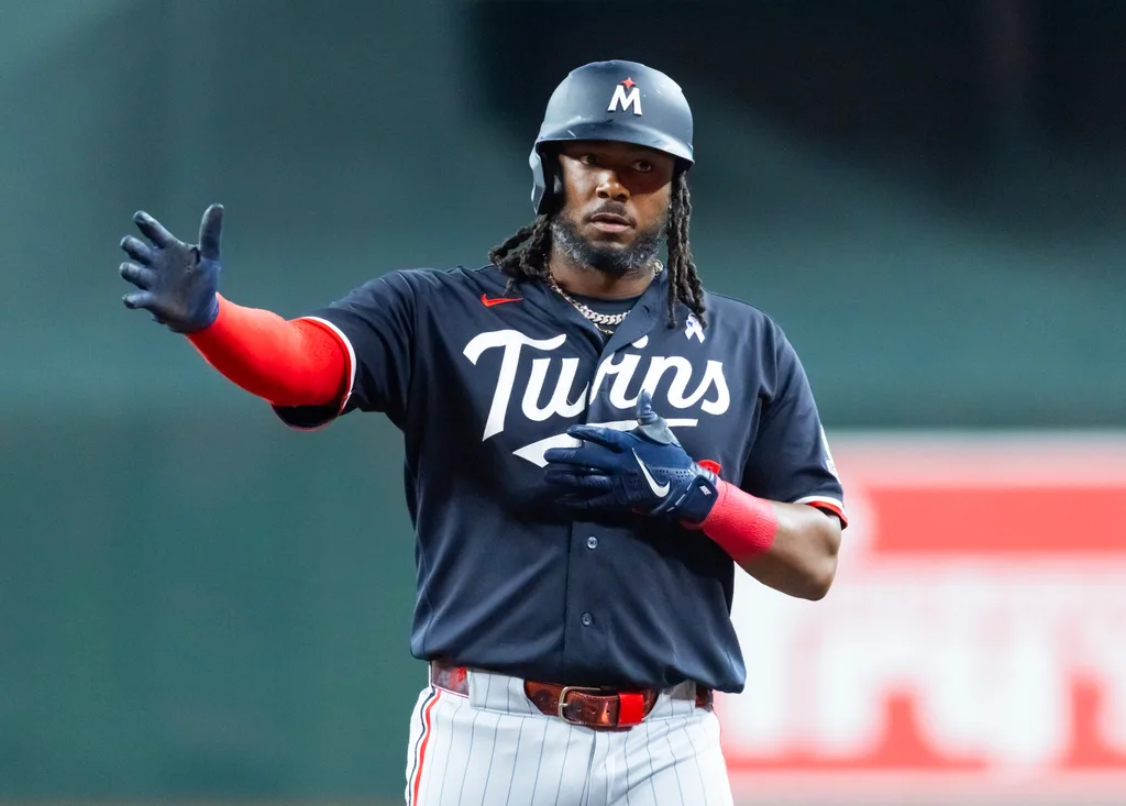 Jun 21, 2026; Phoenix, Arizona, USA; Minnesota Twins outfielder Josh Bell celebrates after hitting an RBI single in the seventh inning against the Arizona Diamondbacks at Chase Field. Mandatory Credit: Mark J. Rebilas-Imagn Images