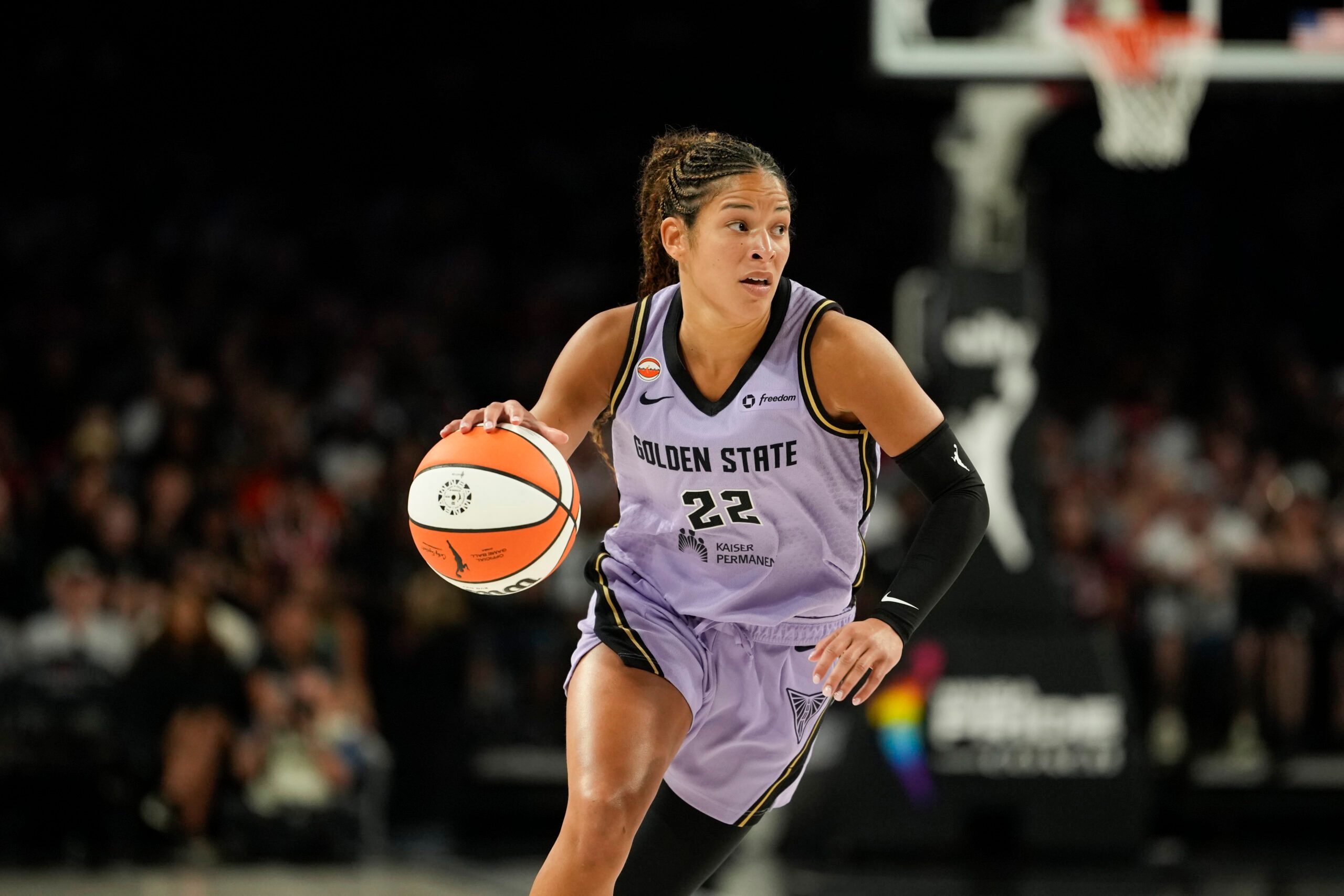Jun 21, 2026; Las Vegas, Nevada, USA; Golden State Valkyries guard Veronica Burton (22) dribbles the ball against the Las Vegas Aces during the third quarter of a WNBA basketball game at Michelob Ultra Arena. Mandatory Credit: Lucas Peltier-Imagn Images