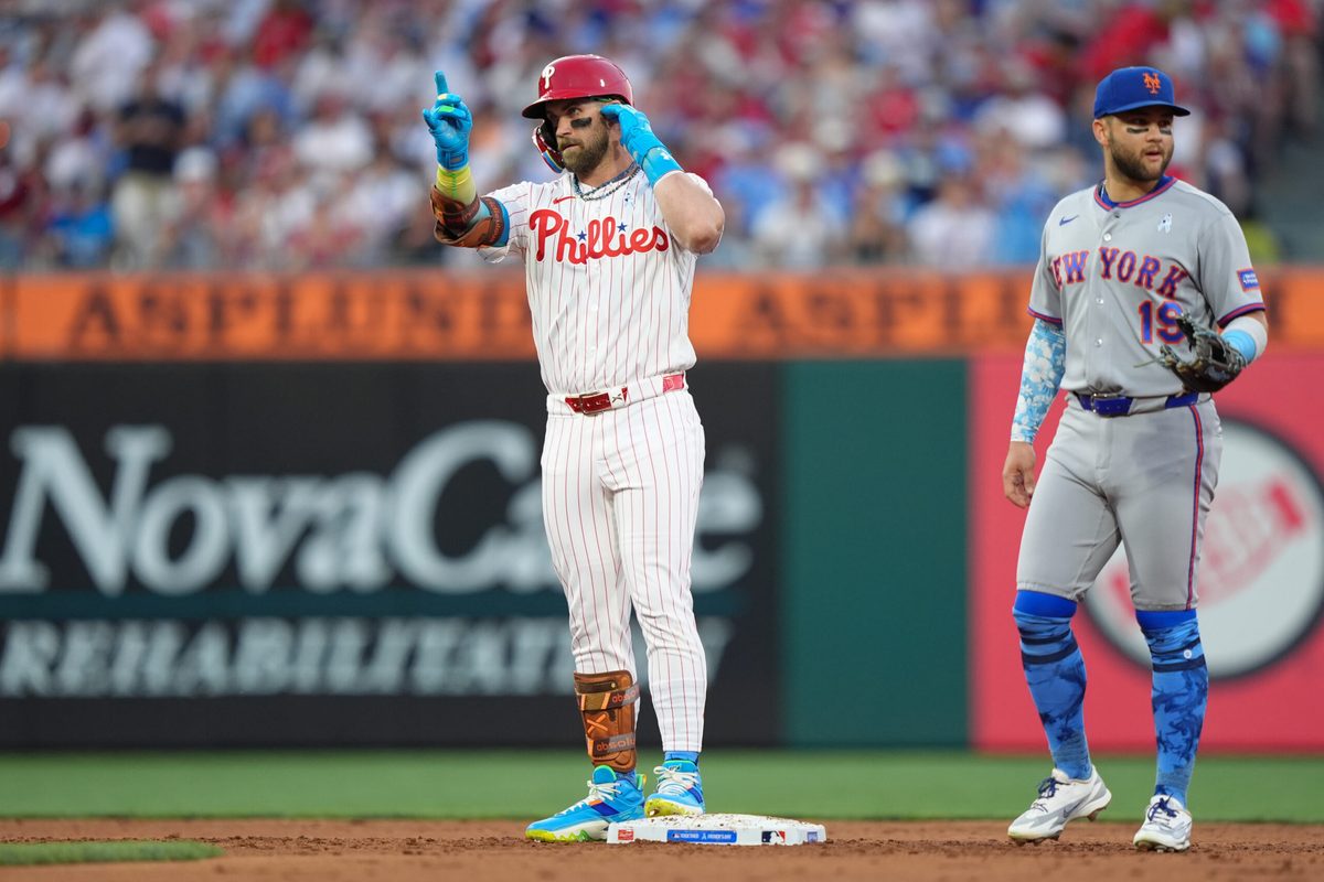 Jun 21, 2026; Philadelphia, Pennsylvania, USA; Philadelphia Phillies infielder Bryce Harper (3) reacts after hitting a double against the New York Mets in the second inning at Citizens Bank Park. Mandatory Credit: Kyle Ross-Imagn Images
