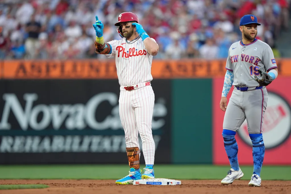 Jun 21, 2026; Philadelphia, Pennsylvania, USA; Philadelphia Phillies infielder Bryce Harper (3) reacts after hitting a double against the New York Mets in the second inning at Citizens Bank Park. Mandatory Credit: Kyle Ross-Imagn Images