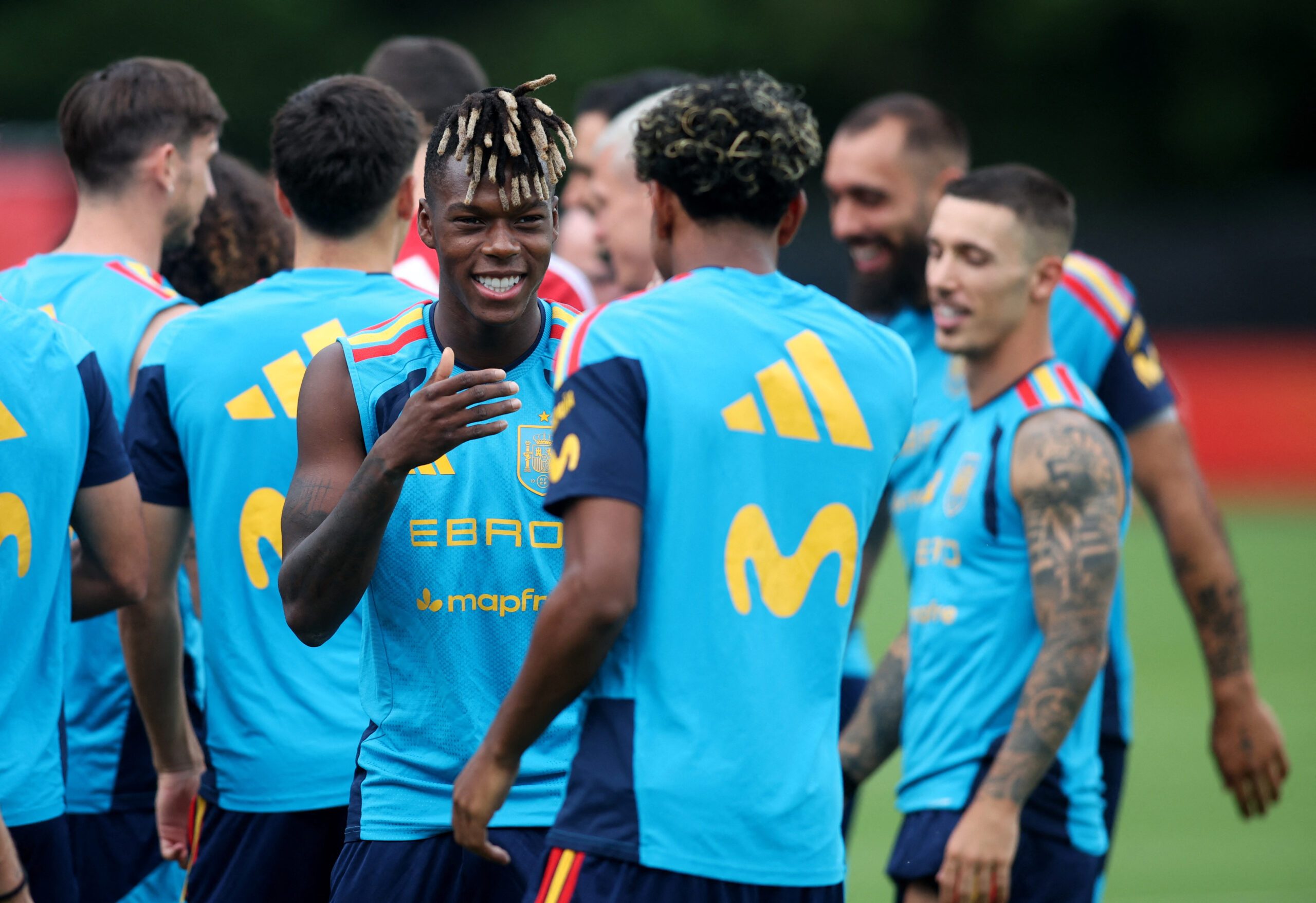 June 22, 2026; Chattanooga, Tennessee, U.S.; Spain's Nico Williams and Lamine Yamal during training.  Mandatory Credit: Brett Davis-Imagn Images