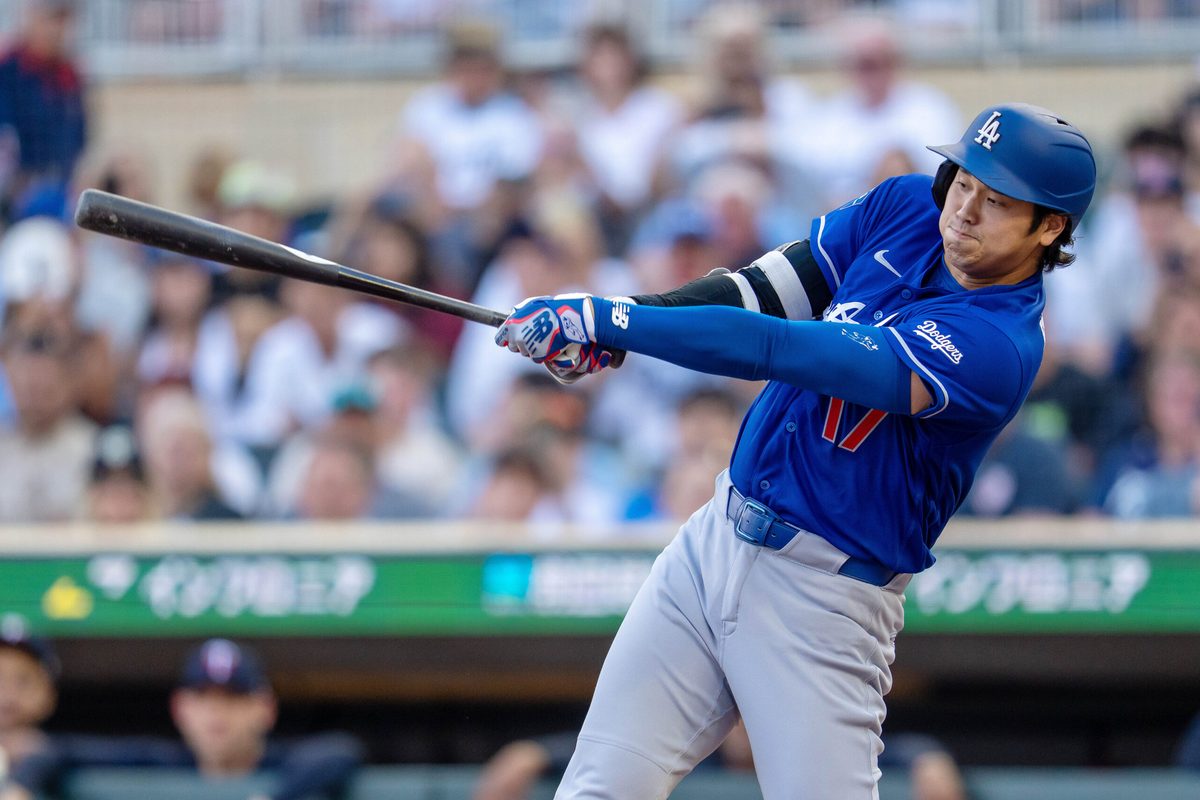 Jun 22, 2026; Minneapolis, Minnesota, USA; Los Angeles Dodgers designated hitter Shohei Ohtani (17) hits a solo home run against the Minnesota Twins in the first inning at Target Field. Mandatory Credit: Jesse Johnson-Imagn Images